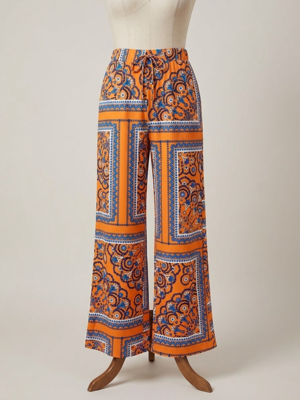 Cremieux orange and blue Boho scarf print wide leg palazzo pants size M